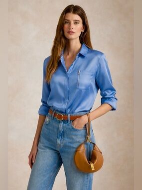 Lauren Ralph Lauren Cobalt Blue Button Down Silk Blouse XL